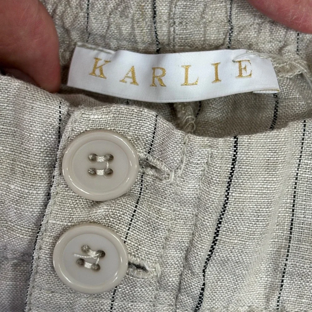 100% LINEN WIDE LEG PANTS Karlie High Rise Trouser Large Beige Pinstripe Neutral - Picture 4 of 12